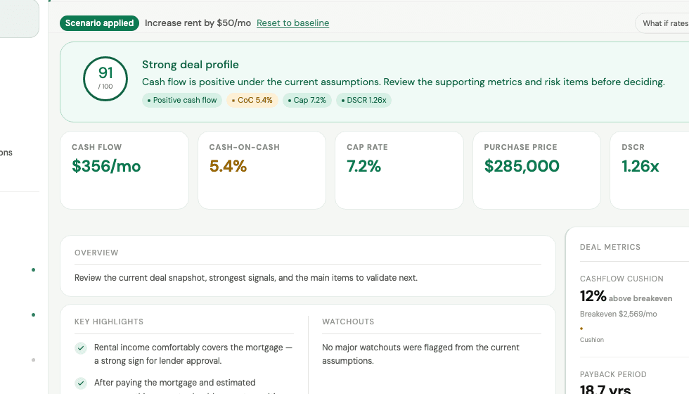 DealPrism sample analysis showing the core rental analysis workspace with metrics and decision context.